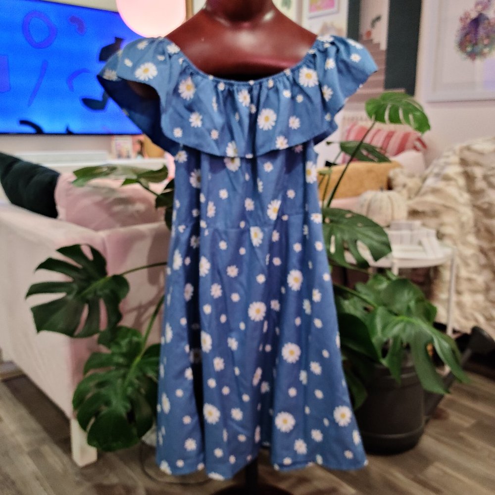 Daisy Floral Foldover Bardot Denim Dress